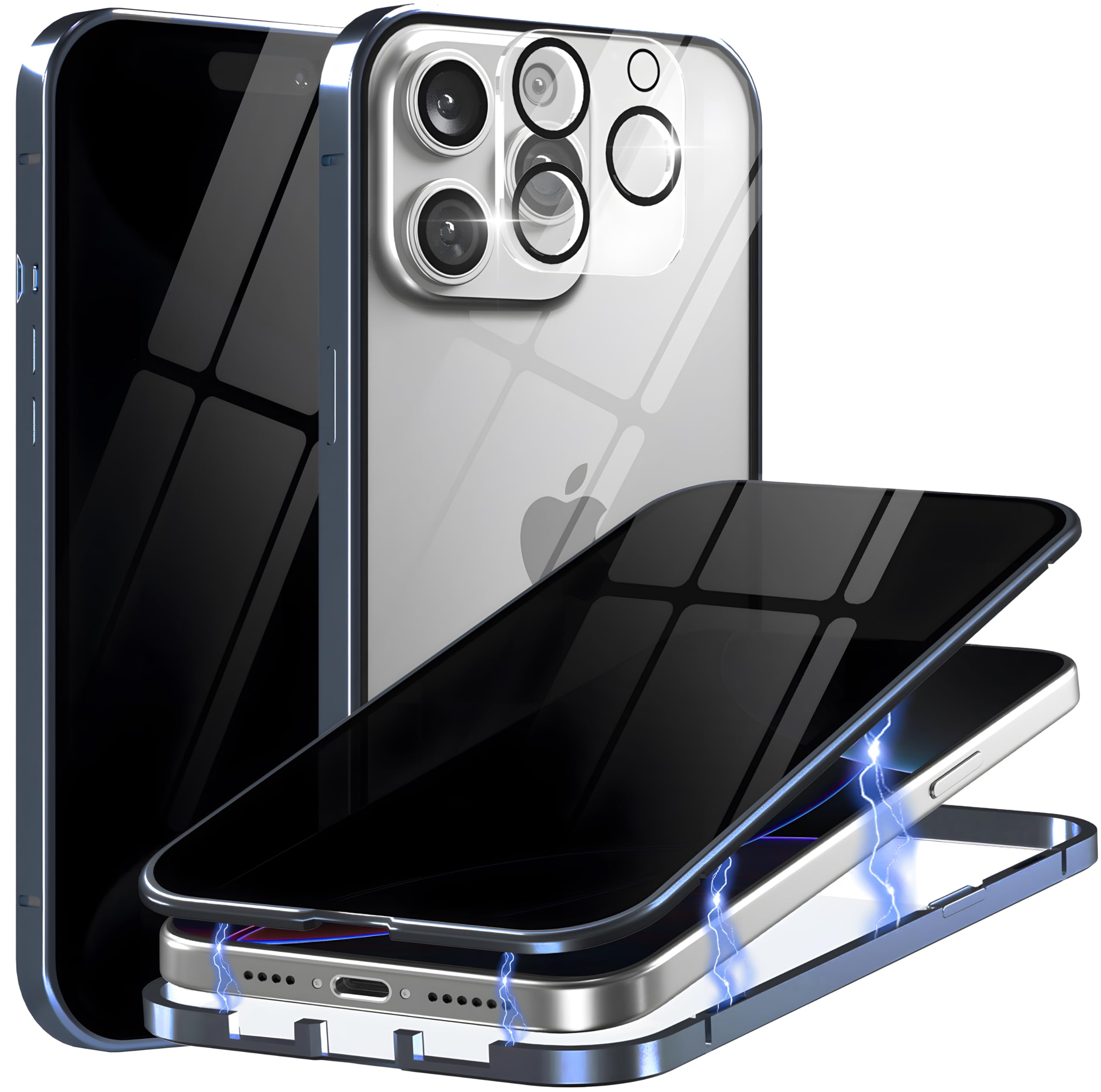 Privacy Magnetic Case for iPhone 16 Pro Max with Metal Titanium Frame Privacy Screen Protector & Camera Lens Protector, Magnetic Adsorption Double Sided Glass Case Anti Peep Anti Spy Phone Cover
