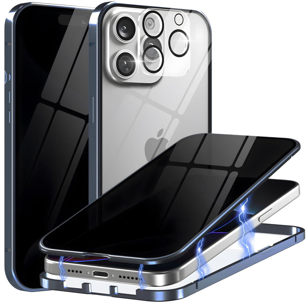 Privacy Magnetic Case for iPhone 16 Pro Max with Metal Titanium Frame Privacy Screen Protector & Camera Lens Protector, Magnetic Adsorption Double Sided Glass Case Anti Peep Anti Spy Phone Cover