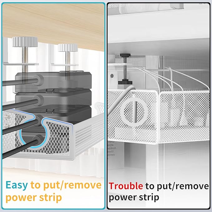 Under Desk Cable Tray White, No Drill Cable Organizer with Clamp for Wire Management, PC Cord Organizer & Workspace Accessories for Office, Home