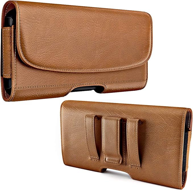PiTau Holster for Large iPhone Plus, Pro Max Models 16 15 14 13 12 11 Xs Max – Cell Phone Belt Holder Clip Case, ID Card Carrying Pouch (Fits Otterbox Commuter Case) Brown
