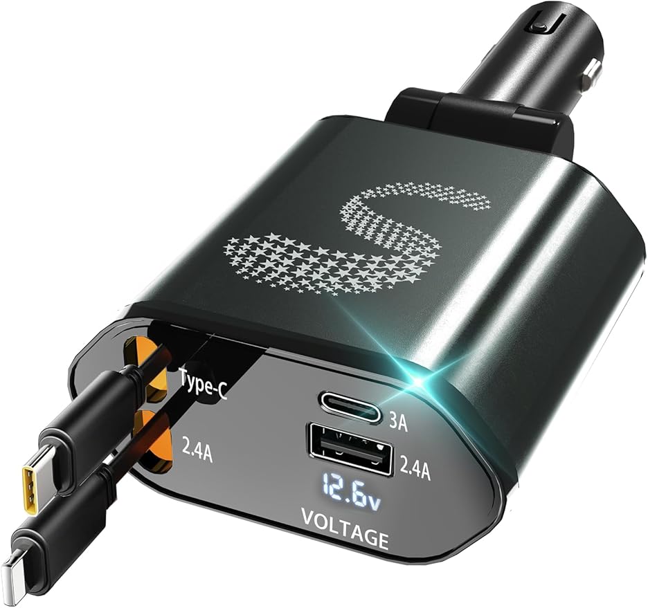 Retractable Car Charger USB C Fast Charging 120W, Car Accessories Cigarette Lighter Adapter Car Charger iPhone16 15 14 13 12 11 Car Essentials Gift for Travelers, Men, Women