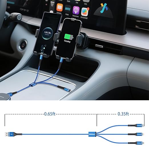 Short Multi Charging Cable 1FT 2Pack 3 in 1 Charger Cord Braided Universal Phone Cords with Lightning/Type C/Micro USB Connectors, Multiple USB Cable for iPhone/Samsung/Google Phones and More
