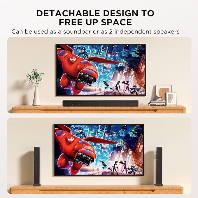 2.2ch 100W Sound Bar for Smart TV, 2-in-1 Detachable Bluetooth 5.3 Speaker with 3 EQ Modes & Adjustable Bass - Home Theater Audio for Movies, Gaming, Music