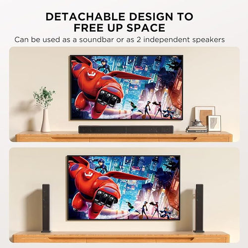 2.0 ch 100W Sound Bar for Smart TV, 2-in-1 Detachable Bluetooth 5.3 Speaker with 3 EQ Modes & Adjustable Bass - Home Theater Audio for Movies, Gaming, Music