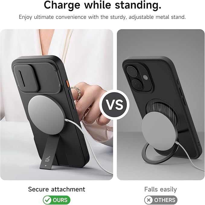SURITCH for iPhone 16 Case with Magnetic Camera Slide Cover and Adjustable Kickstand, Compatible with MagSafe, Shockproof Bumper Case Slim Protective Cover 6.1 Inch, Black