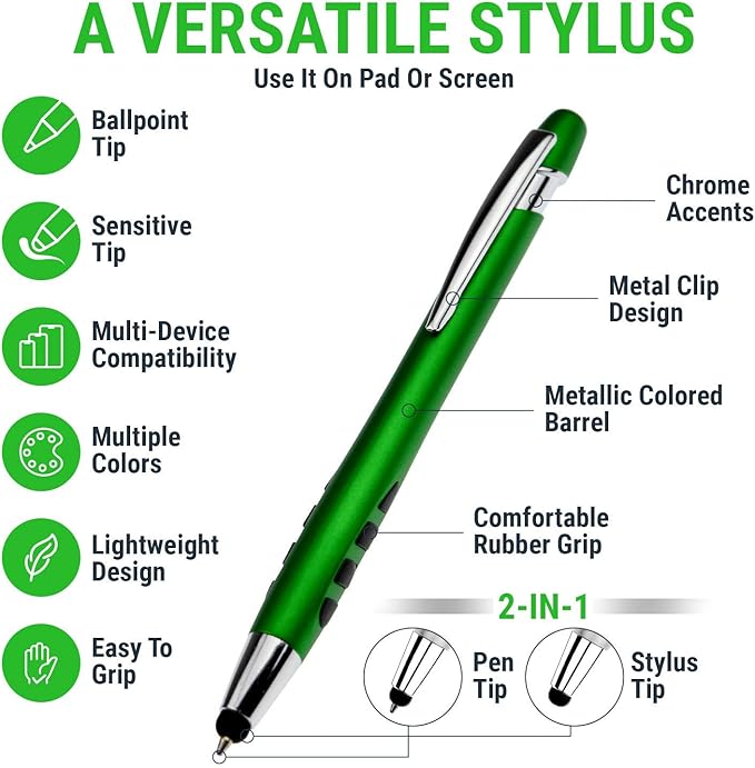 Stylus Pen for Touch Screens & Writing Pens, with Sensitive Stylus Tip - 2 in 1, for Your iPad, iPhone, Kindle, Nook, Samsung Galaxy, Tablets & Phones - Assorted Barrel Colors, Black Ink, 14 Pack