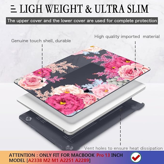 CISSOOK Floral Case Cover for MacBook Pro 13 Inch 2025-2020 Release A2338 A2289 A2251, Plastic Hard Shell Case with Keyboard Cover for MacBook Pro 13 M1 M2, Gorgeous Flowers