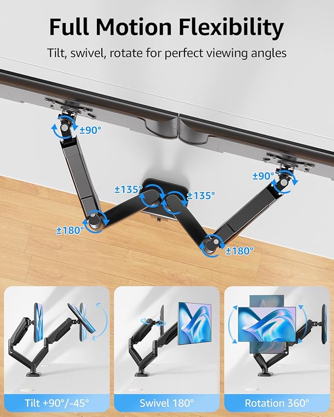 MOUNTUP Dual Monitor Stand for Desk, Pneumatic Monitor Arms for 2 Monitors Max 32 Inches, Height Adjustable Double Monitor Mount, VESA Mounts with C-Clamp & Grommet Base, Holds 4.4-17.6lbs, Black