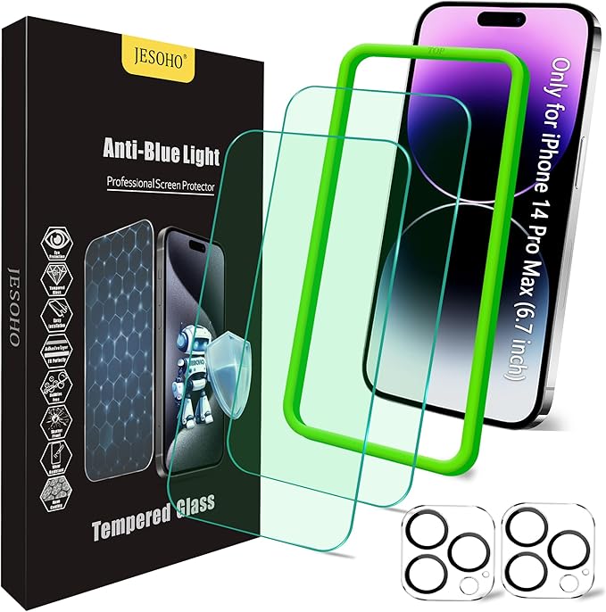 Blue Light Screen Protector for iPhone 14 Pro Max (6.7") & Camera Lens Protector,Eye Protection, HD Blue Light Blocking Tempered Glass Film, No Bubble, with Easy Installation Kit.2+2 Pack