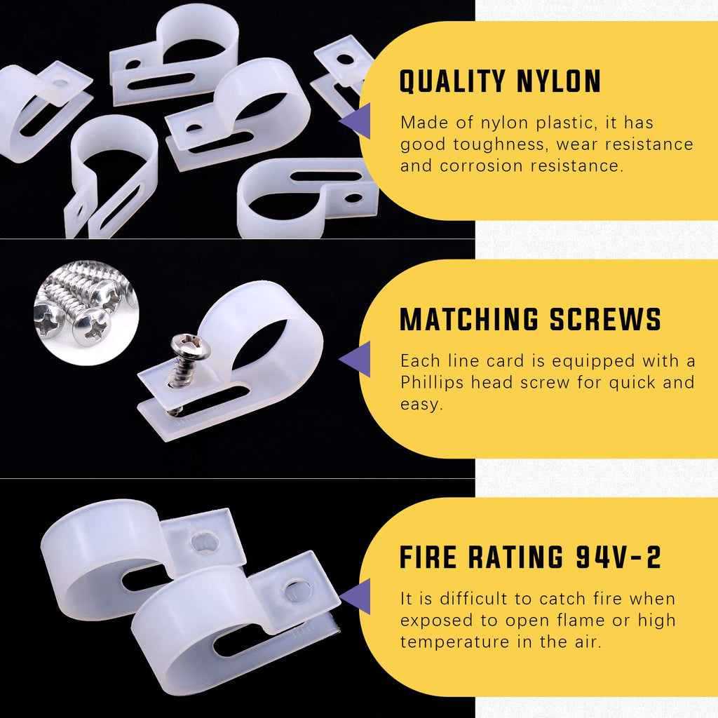 Swpeet 120 Pack White 3/4 Inch Nylon Plastic R-Type Cable Clips Clamp Kit, Nylon Screw Mounting Cord Fastener Clips with 120 Pack Screws for Wire Management (3/4 Inch, White)