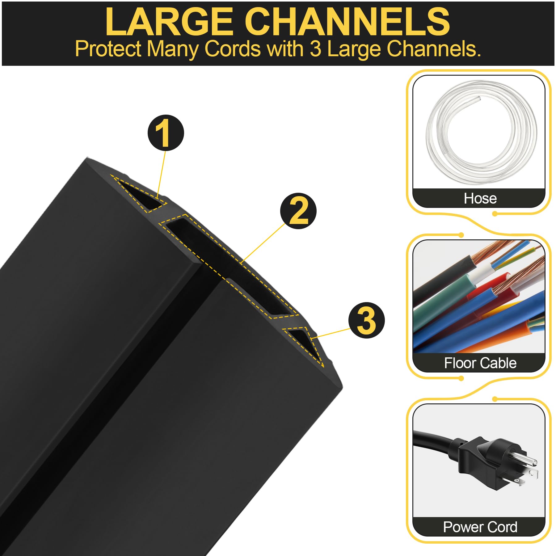 MYFAMIREA 10FT Floor Cord Cover Heavy Duty Cable Cover Protector 3 Channels Extension PVC Floor Wire Cover Outdoor Cord Hider Management Cord Cover for Wire on Floor for Home Office Outdoor, Black
