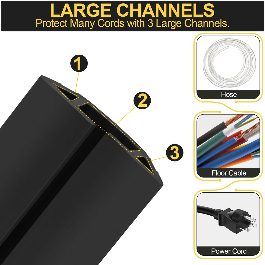 MYFAMIREA 6.5FT Floor Cord Cover Heavy Duty Cable Cover Protector 3 Channels Extension PVC Floor Wire Cover Outdoor Cord Hider Management Cord Cover for Wire on Floor for Home Office Outdoor, Black