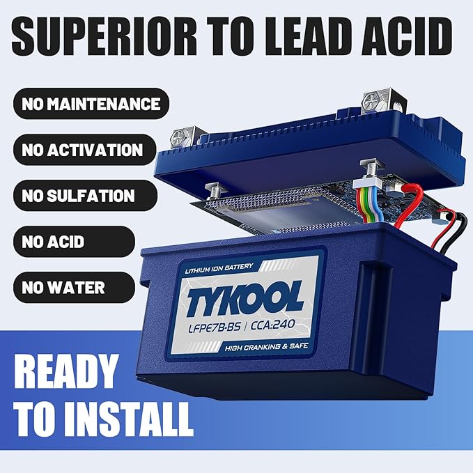 YT7B-BS 12V 4Ah 240CCA LiFePO4 Motorcycle Battery, Built in BMS, for Honda KTM Yamaha Harely, Lithium Ion Battery Fit Lawn Mower, Jet Ski, Motorboat，ATV, UTV, Scooter,Snowmobile