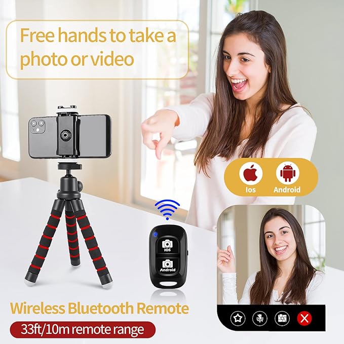 Sensyne Phone Tripod, Flexible Cell Phone Tripod with Phone Holder and Wireless Remote, Mini Travel Tripod Stand, Compatible with All Cell Phones, Cameras (Red)
