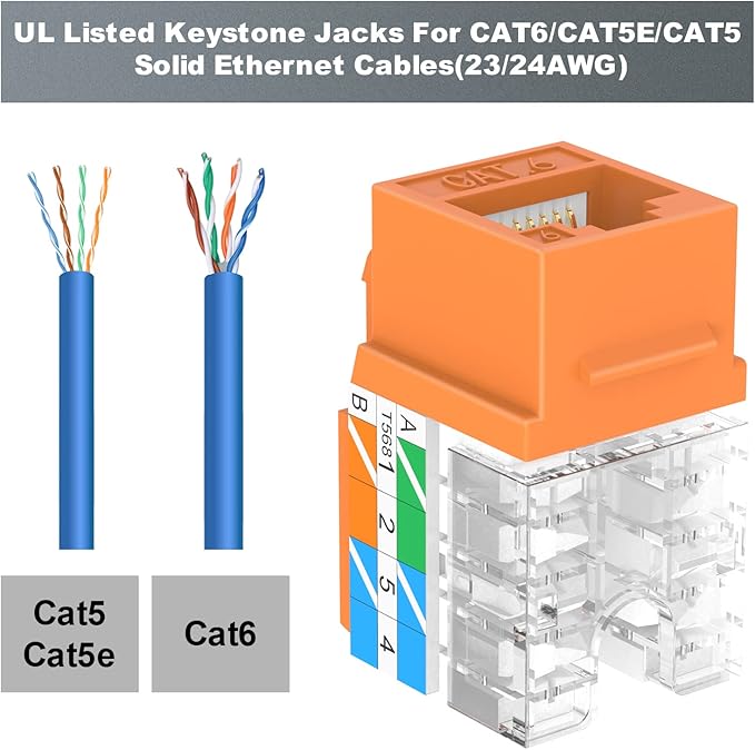 VCE UL Listed Cat6 RJ45 Keystone Jack Insert 25-Pack, 90 Degree Punch Down Keystone Jack Adapter Slim Profile Orange