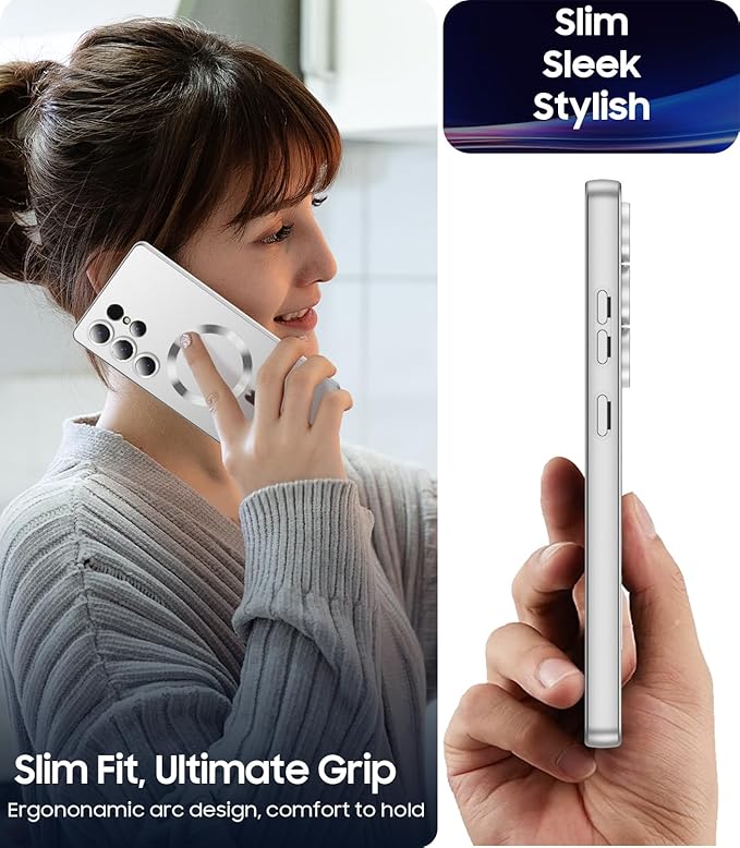 Magnetic for Samsung Galaxy S25 Ultra Case [Compatible with MagSafe][Built-in Camera Lens Protector] Slim Soft Silicone Bumper Shockproof Metallic Luster Phone Shell (Silver)