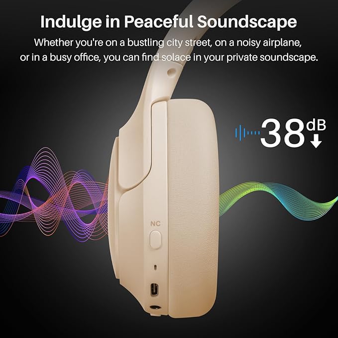 TOZO HT2 Hybrid Active Noise Cancelling Headphones, Wireless Over Ear Bluetooth Headset, 60H Playtime, Hi-Res Audio Custom EQ via App Deep Bass Comfort Fit Ear Cups, for Home Office Travel Khaki