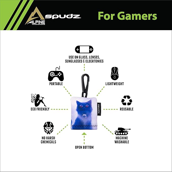SPUDZ Classic Microfiber Lens Cleaner – Clip-On Pouch, Washable – for Binoculars, Scopes, Glasses, Screens | Cat, 6 x 6 Inch (3-Pack)