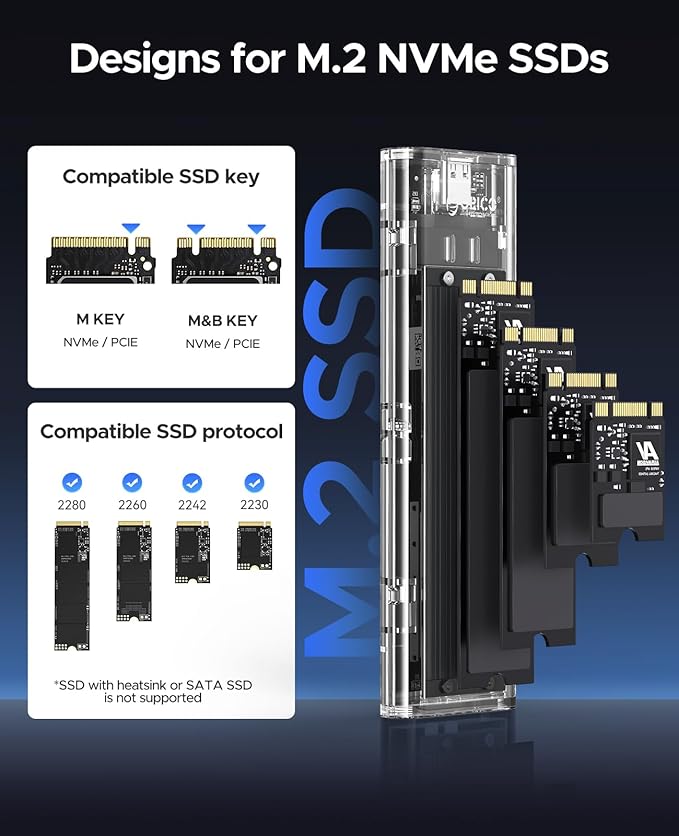 ORICO M.2 NVMe SSD Enclosure, USB 3.2 Gen 2 (10 Gbps), Transparent External Solid State Drive Adapter Enclosure for 2280 2260 2242 2230 PCI-E M2 M-Key SSD, USB Type C Converter Case-TCM2 Black