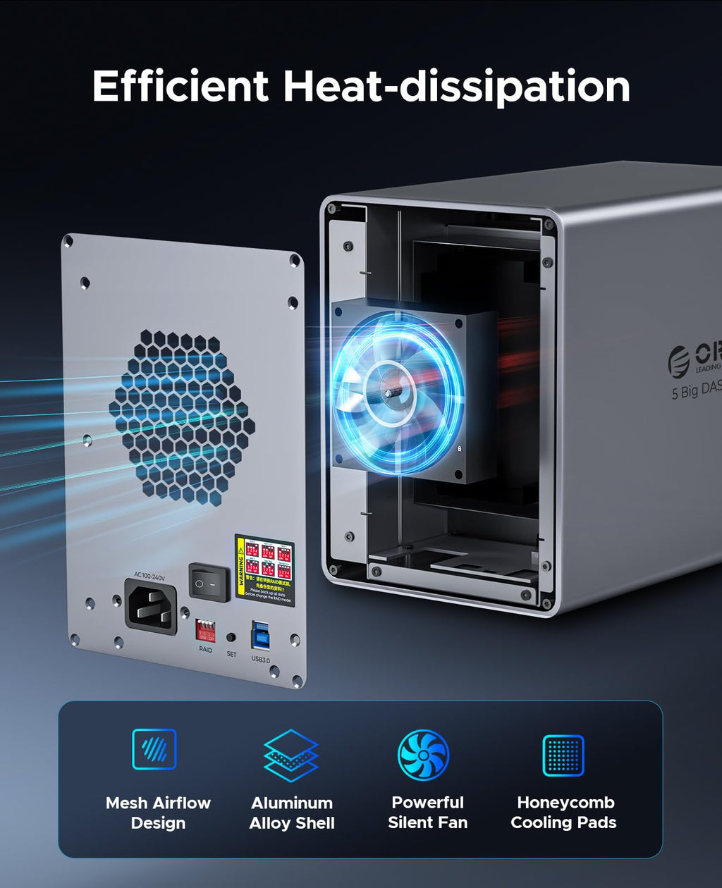 ORICO RAID 5 Bay HDD Enclosures USB 3.0 Push-Pull Mounting for 3.5-inch HDD, Max 110TB, External Direct Attached Storage 8 RAID Modes Supported 9858RU3