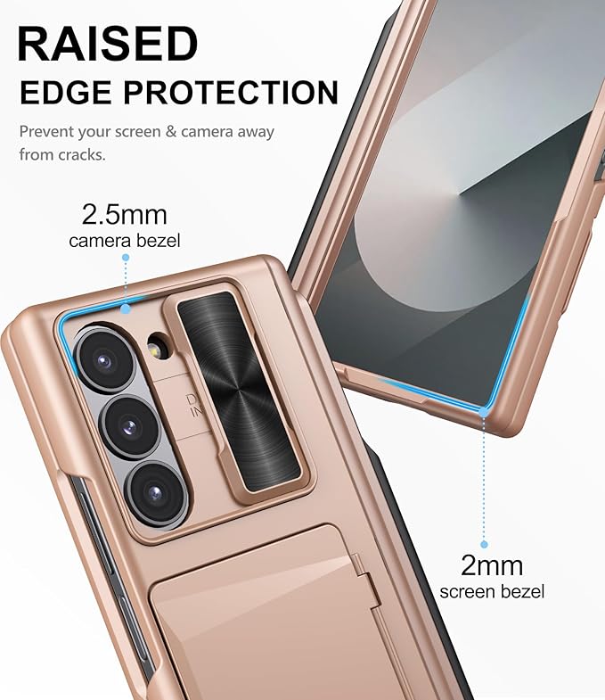 for Samsung Galaxy Z Fold 6 Case with Card Holder & S Pen Holder & Screen Protector & Slide Camera Protection & Hinge Protection, Shockproof Wallet Phone Case for Z Fold 6 5G 2024, Rose Gold