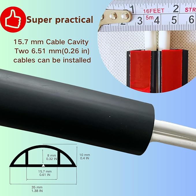 3.3ft Self Adhesive Floor Cord Cover,Heavy Duty Soft PVC Cable Protector and Extension Cord Hider,Cord Management System to Hide Wires on Floor,Cable Cavity:0.61" (W) x 0.32" (H) Black