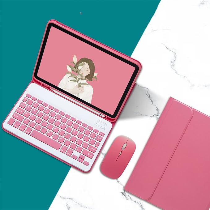 AnMengXinLing Keyboard Case for iPad Air 11 inch (M3 2025/M2 2024) with Mouse, Case for iPad Air 5th/4th Gen with Keyboard Cover with Pencil Holder, New Pink