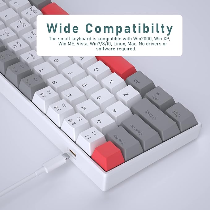 60% Mechanical Gaming Keyboard,Mixed Color Keycaps Gaming Keyboard with Red Switches, Detachable Type-C Cable Mini Keyboard with Blue LED Light for PC/Laptop
