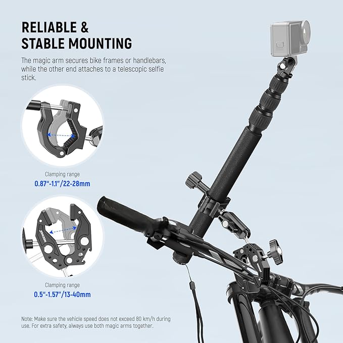 NEEWER Motorcycle Camera Mount Kit, Bicycle Handlebar Invisible Selfie Stick, 360° Ball Heads, Super Clamps & Cleaning Cloth, Compatible with GoPro Insta360 DJI AKASO Action Cam Video Recording, GP-30