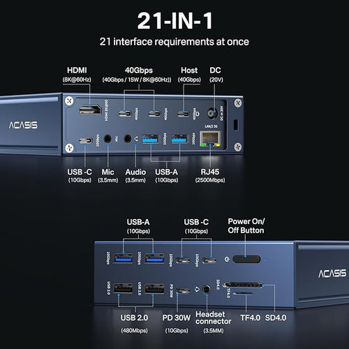 ACASIS Thunderbolt 4 Dock 21-IN-140gbps for MacBook Pro Docking Station Dual Monitor, 8K60Hz HDMI 2.5 GbE Ethernet SD/TF 4.010Gbps 7*USB C/A, 3.5mm Audio, 40Gbps Dock for Mac/Dell/HP/Lenovo/ThinkPad