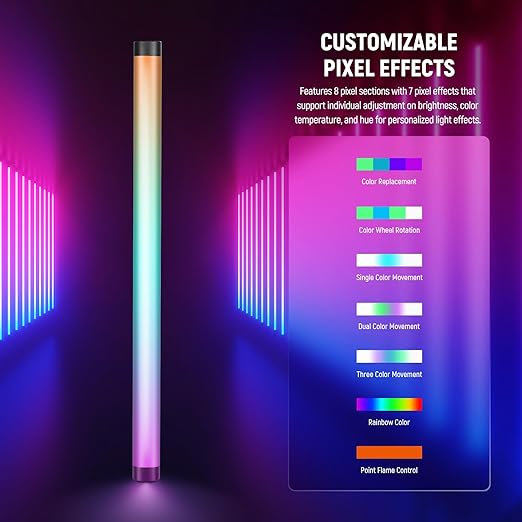 NEEWER TL60 RGB Tube Light, 20W Full Color RGBWW LED Video Lighting Wand Stick for Studio Photography Recording Streaming, APP/2.4G/DMX Control, 7 Pixel Effects 18 Scenes, 2500-10000K CRI97+ TLCI98+