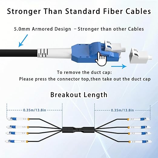 50M/164FT LC to LC Armored Outdoor Fiber Optic Cable, Single Mode Duplex 9/125μm SMF Fiber Patch Cord, OS1/OS2 Compatible, Black LSZH Jacket, Uniboot Jumper for FTTH, Data Center, Long-Distance Use