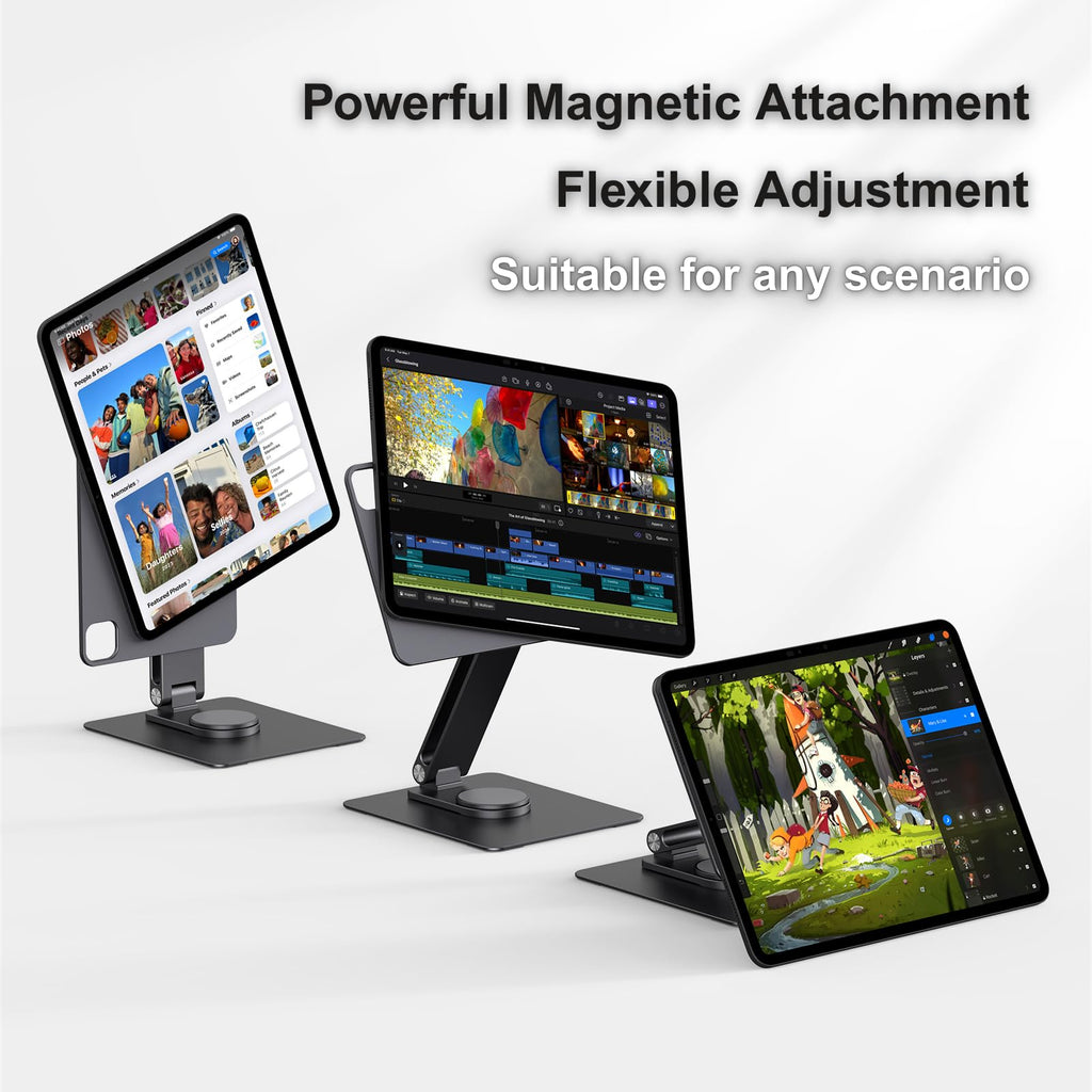 GEWOKLIY Magnetic iPad Pro M4&M5 11-inch Stand with Wireless Charging 18W, 360° Rotating Aluminum Tablet Holder for iPad Pro M4/M5 11-inch, Adjustable Desk Mount Series (M4/M5-11inch)