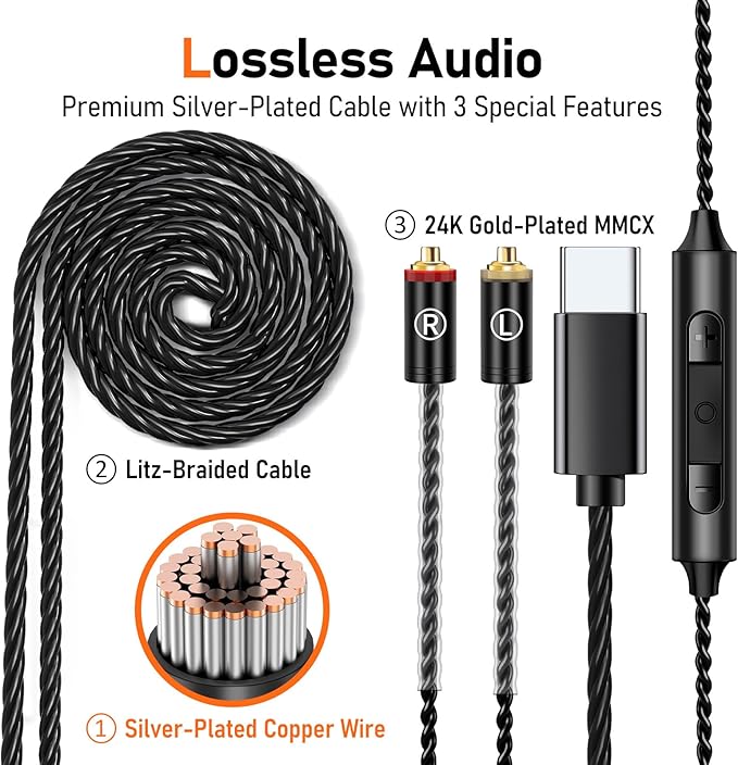 Vibes 202MC USB-C Wired Earbuds - HiFi in Ear Headphones - USBC for iPhone 16/15 - Noise-Isolating Ear Buds w/ Mic - Clear Sound, Deep Bass & Comfort-Fit Earphones - Silver Plated Cord, Carrying Case