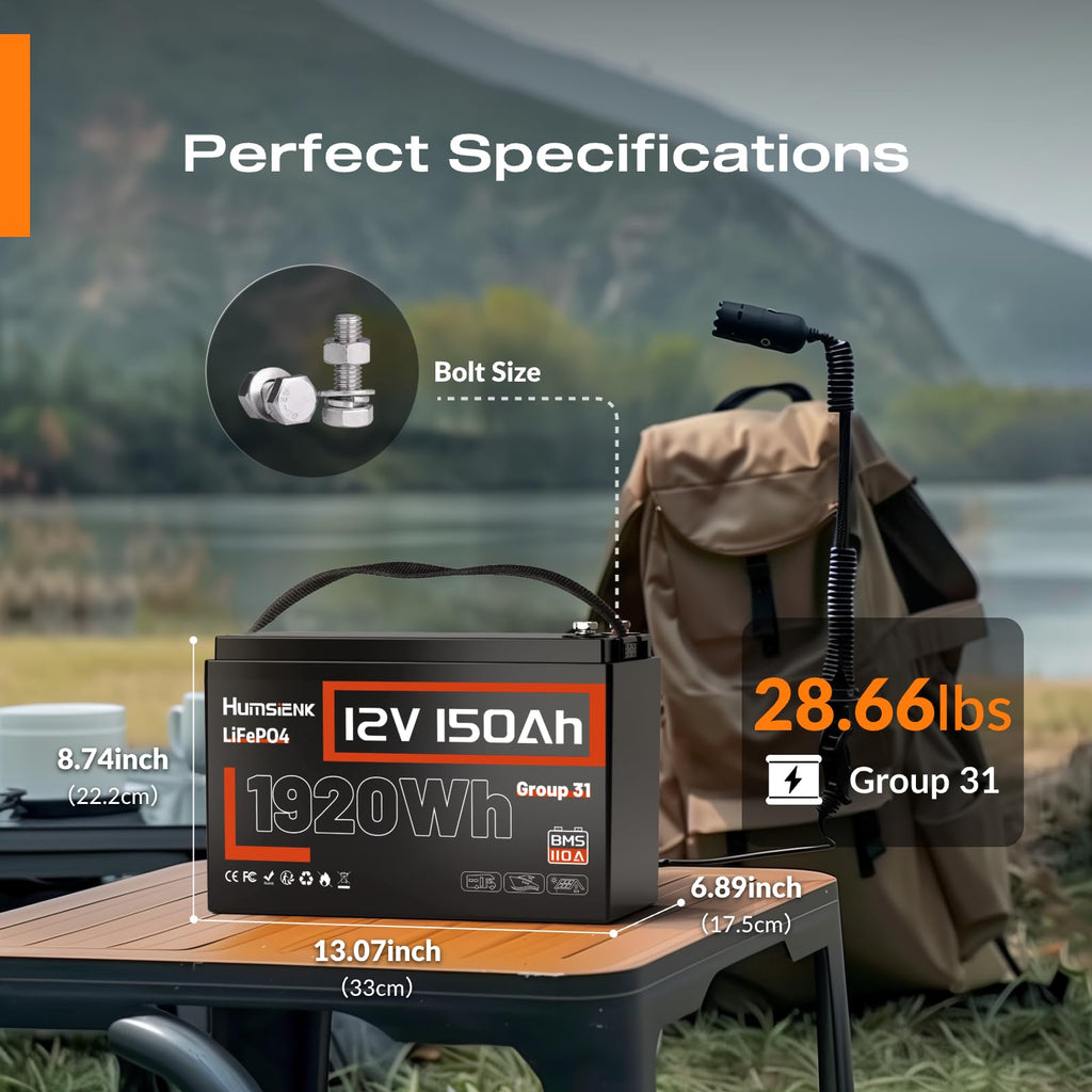 HumsiENK 12V 150Ah LiFePO4 Lithium Battery BCI Group31 Bluetooth- Built-in 110A BMS, Deep Cycle Battery for Solar, RV, Marine, Off-Grid Applications - 15000+ Life Cycles, Safe & Lightweight
