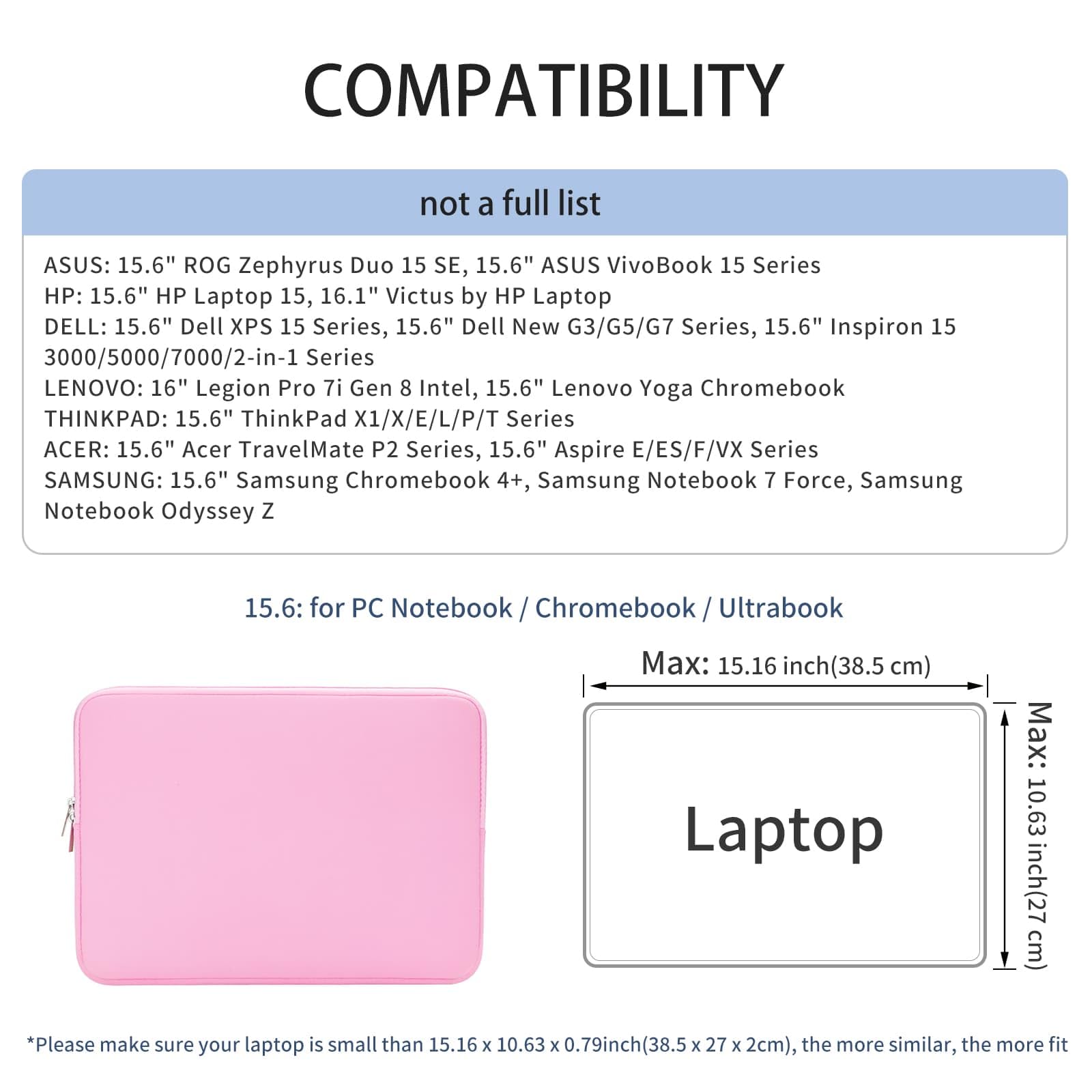 RAINYEAR 15.6 Inch Laptop Sleeve Case Soft Lining Padded Cover, Pink