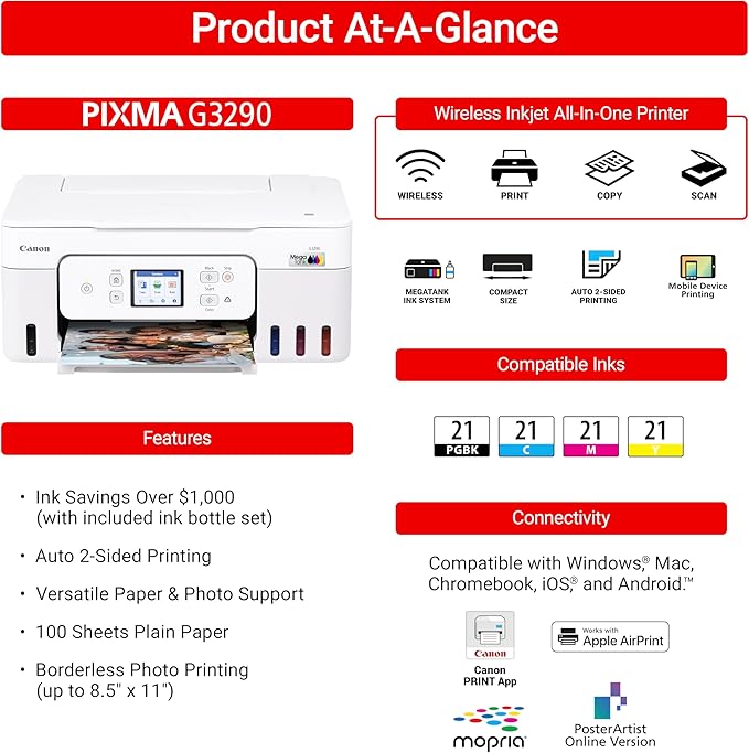 Canon Megatank G3290 All-in-One Wireless Supertank [Megatank] Printer | Print, Copy Scan | Mobile Printing |2.7" LCD Color Touchscreen | Auto Duplex