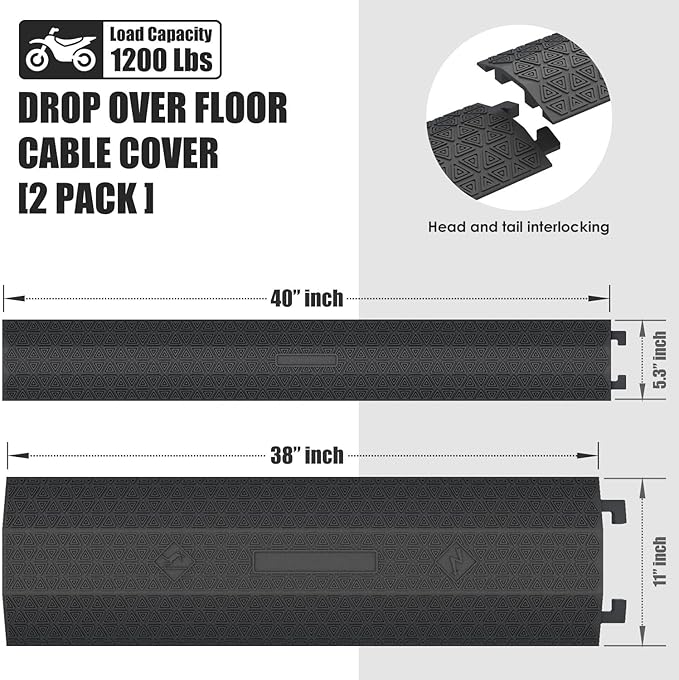 4 Pack 40" inch Drop Over Cable Cover, 4 Pieces Prevent Tripping Rubber Floor Cord Protector, Interlocking Cable Cover, Drop Track Cable Ramp for Home, Office, Store, Warehouse (Slim - 4Pack)