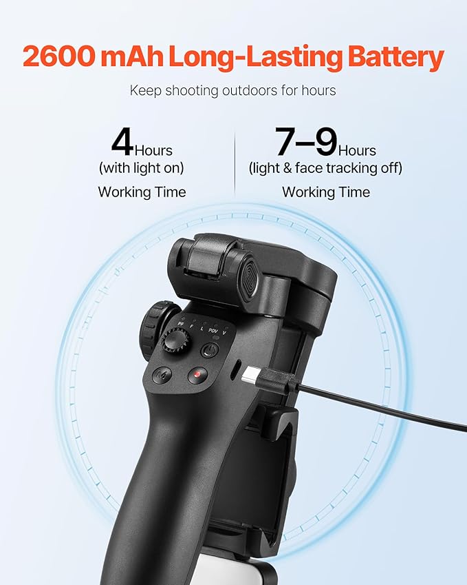 VEVOR Gimbal Stabilizer for Smartphone, 3-Axis Stabilization, Phone Gimbal for Android & iPhone with Magnetic Fill Light, Face Tracking, Gesture Control, Phone Stabilizer for Video Recording Vlogging