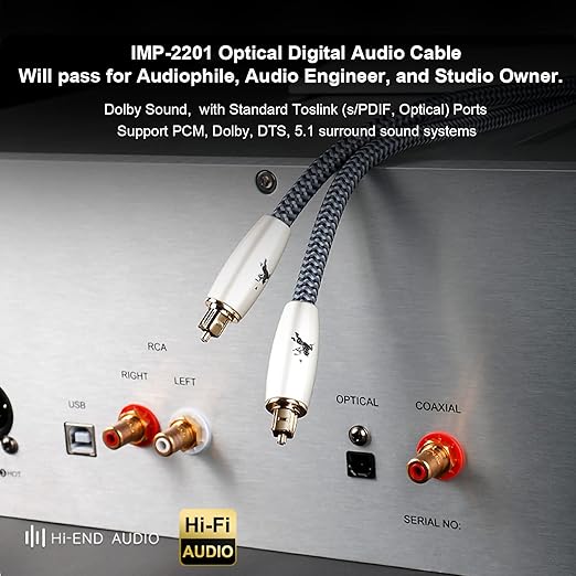 Digital Fiber Optic Audio Cable for Sound Bar Toslink Cord Male to Male 24K Gold Plated Connector Optical Audio Cable 6ft 10ft S/PDIF Glass Core, 3.3feet/1M IMP-2201