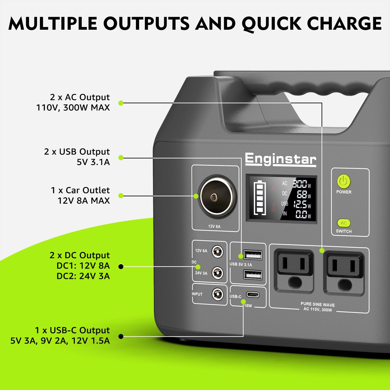EnginStar Solar Generator, 300W Portable Power Station, 296Wh Lithium Battery Backup w/Two 110V Pure Sine Wave AC Outlet for Camping Road Trip RV, 80000mAh Sufficient Power Supply for Blackout