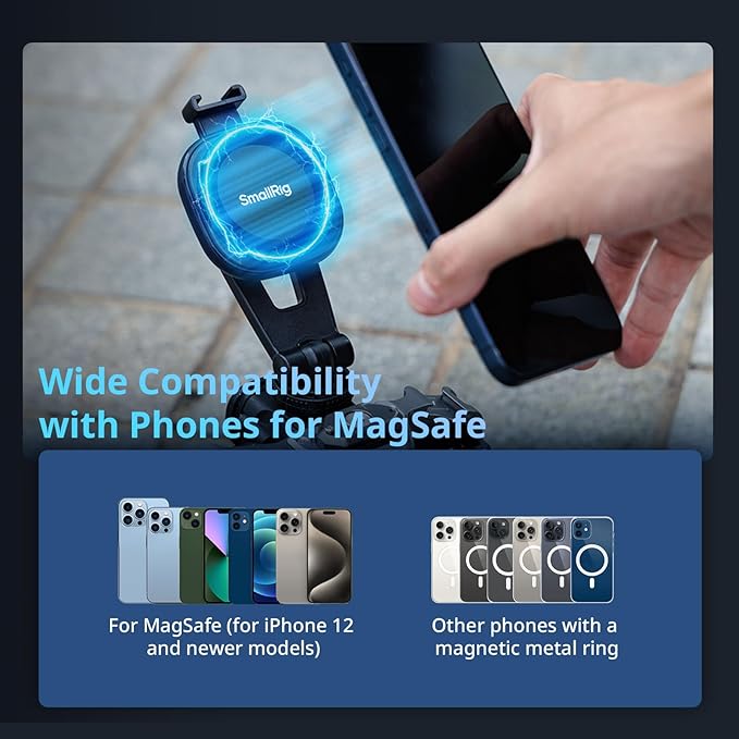 SMALLRIG AC-10 Magnetic Attachable Phone Clamp, with Cold Shoe Mount and 1/4"-20 Threaded Hole, for iPhone 16/15 / 14/13 / 12 Series, 90° Tilt for Recording, Live Streaming - 5283