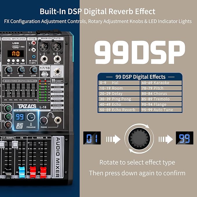 Audio Mixer, TKLBLS Professional 16 Channel DJ Mixer Board with 99-Bit DSP, Sound Board Mixing Console 7-Band EQ Output, USB Audio Interface, Bluetooth 48V Phantom Power For Karaoke Studio Streaming