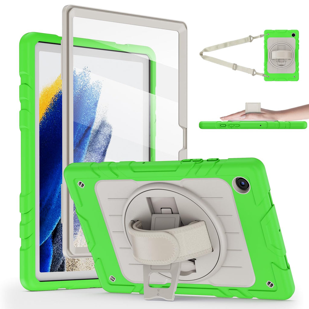 Stweap for Samsung Galaxy Tablet A8 Case 10.5 inch 2022 SM-X200/X205/X207 with Screen Protector [360 Rotating Stand] &Hand Shoulder Strap Shockproof Rugged Protective Cover|Green&Beige