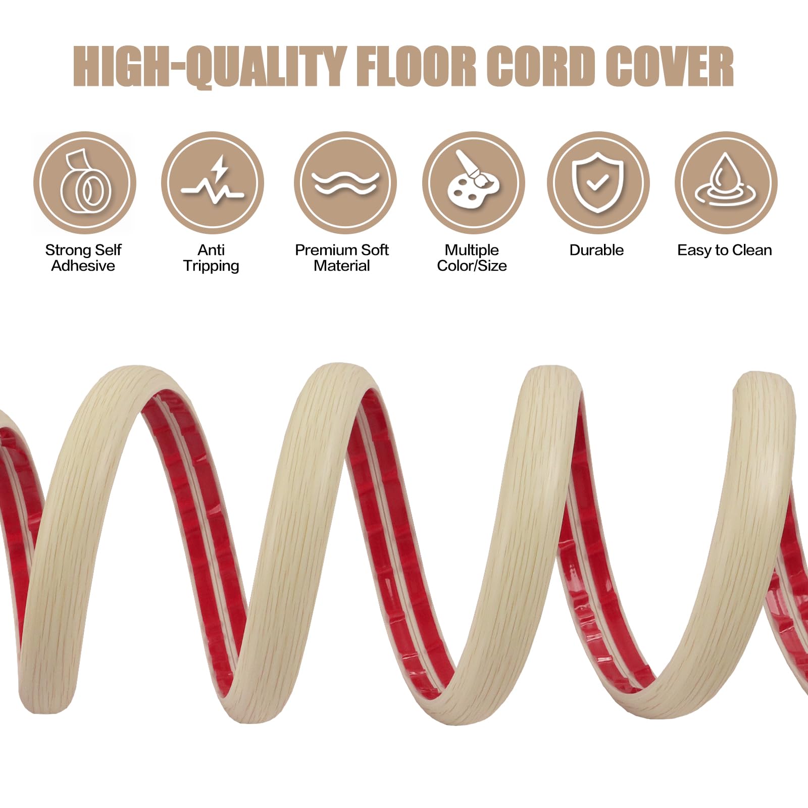 Floor Cord Cover Self Adhesive Cord Hider,3.3FT Cable Management, Extension Strip Protector for Wires, Prevent Cable Trips for Offices, Gyms, Exhibitions Cavity:0.39"(W) x 0.27"(H) Yellow Wood