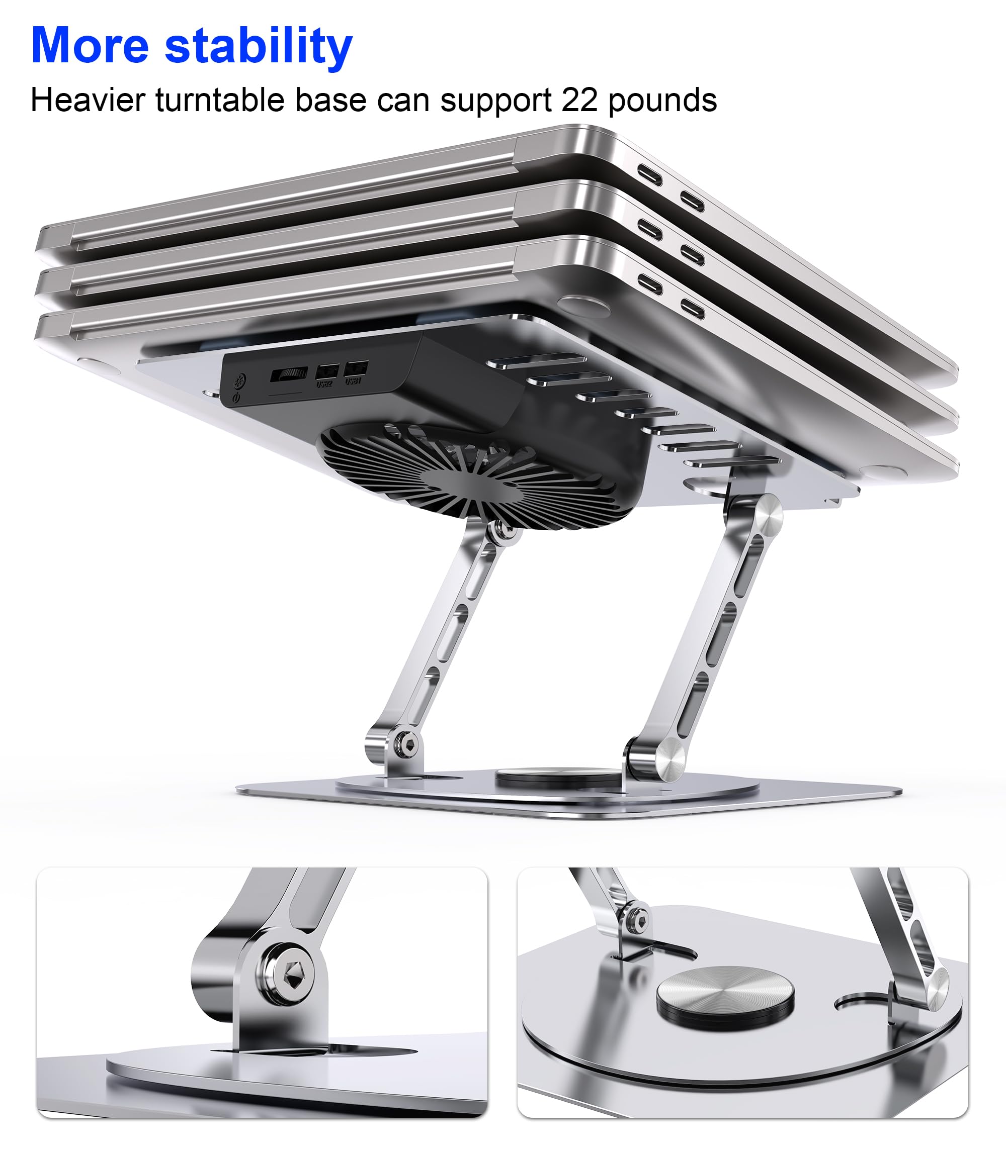 YTech Laptop Stand,with 360°Rotating Base,External Cooling Fan,Adjustable RGB Lighting,Ergonomic Foldable Notebook Computer Holder.Compatible with All 10-17" Laptops Tablets,Silver