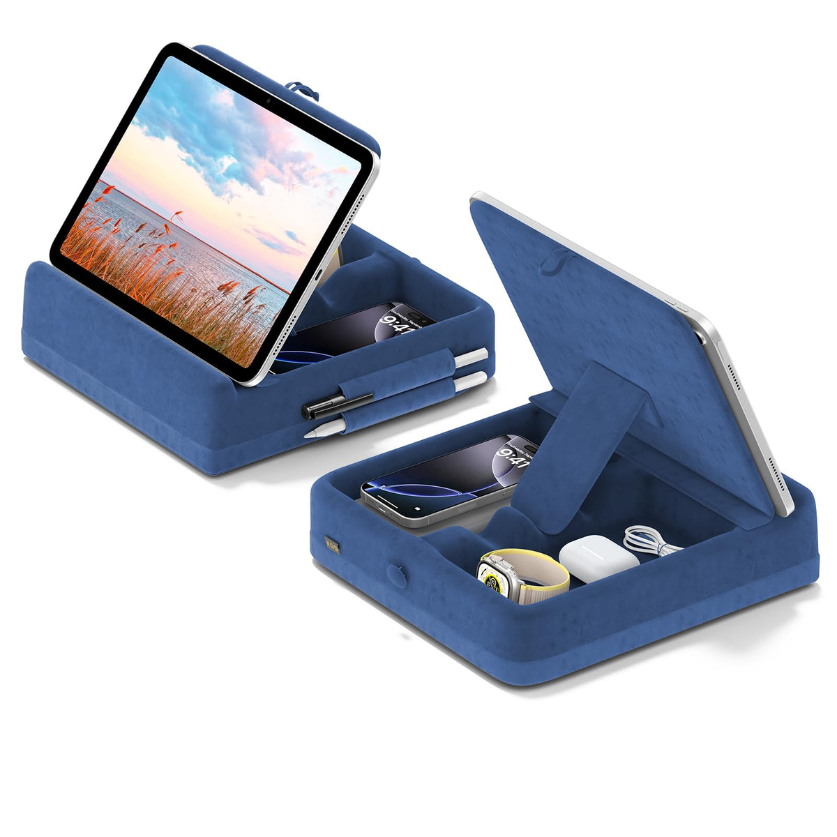 KDD Tablet Pillow Stand with Storage, Foldable iPad Holder for Bed, Lap and Desk, Angle Adjustable Soft Pad Dock with Stylus Mount Compatible with Ipad Pro 12.9, 10.5, 11, Air, Mini, Phones, Books
