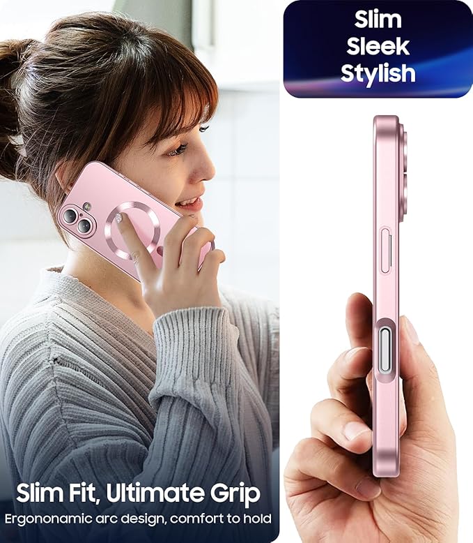 Magnetic for iPhone 16 Case [Compatible with MagSafe][Built-in Camera Lens Protector] Slim Soft Silicone Bumper Shockproof Metallic Luster Phone Case (Rose Gold)