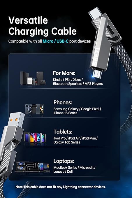 【One is Enough】 4-in-1 USB C to Micro Cable, High-Speed Charging & Fast Data Transfer,CarPlay & Android Auto Support Multi Charger Cord Combo Micro/Type C/USB A for iPhone/Samsung/iPad,5FT