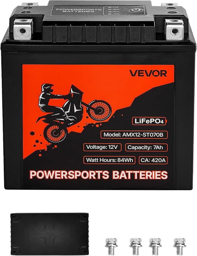 VEVOR Motorcycle Battery, 12 Volt 7Ah, LiFePO4 Lithium Pre-Charged Powersports Battery, Maintenance Free & High Performance, Compatible with ATV, Motorcycle, Jet Skis, Scooter, UTV, and More
